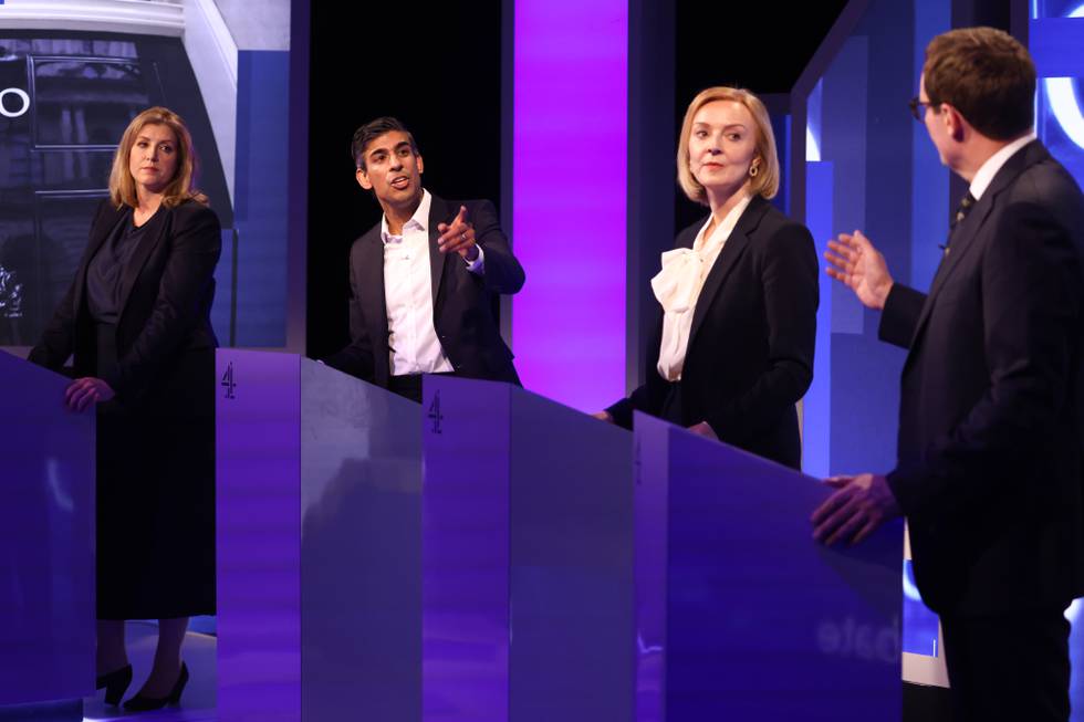 Fra venstre:  Penny Mordaunt, Rishi Sunak, Liz Truss and Tom Tugendhat
Britain's Next PM: The Conservative Leadership Debate, London, UK - 15 Jul 2022.