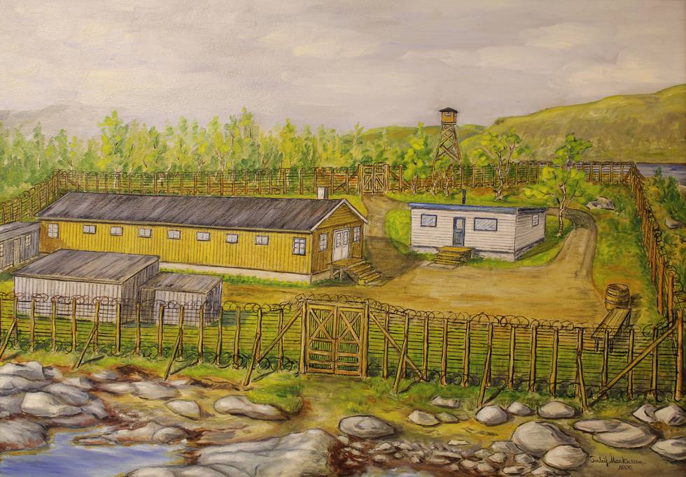 Spydspissen - Motivet er fra tidlig i leierens historie. Senere ble det bygd nok en fangebrakke og en kommandantbolig. Maleriet er av Thorleif Marcussen og henger på Tromsø Forsvarsmuseum.