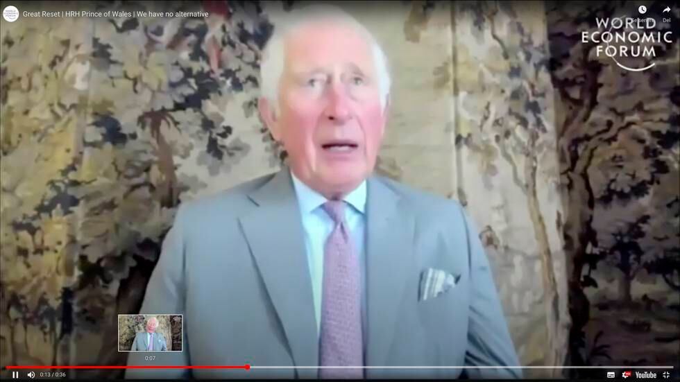 Prince Charles og The Great Reset. 
Skjermbilde fra video på World Economic Forum sine hjemmesider. https://www.weforum.org/