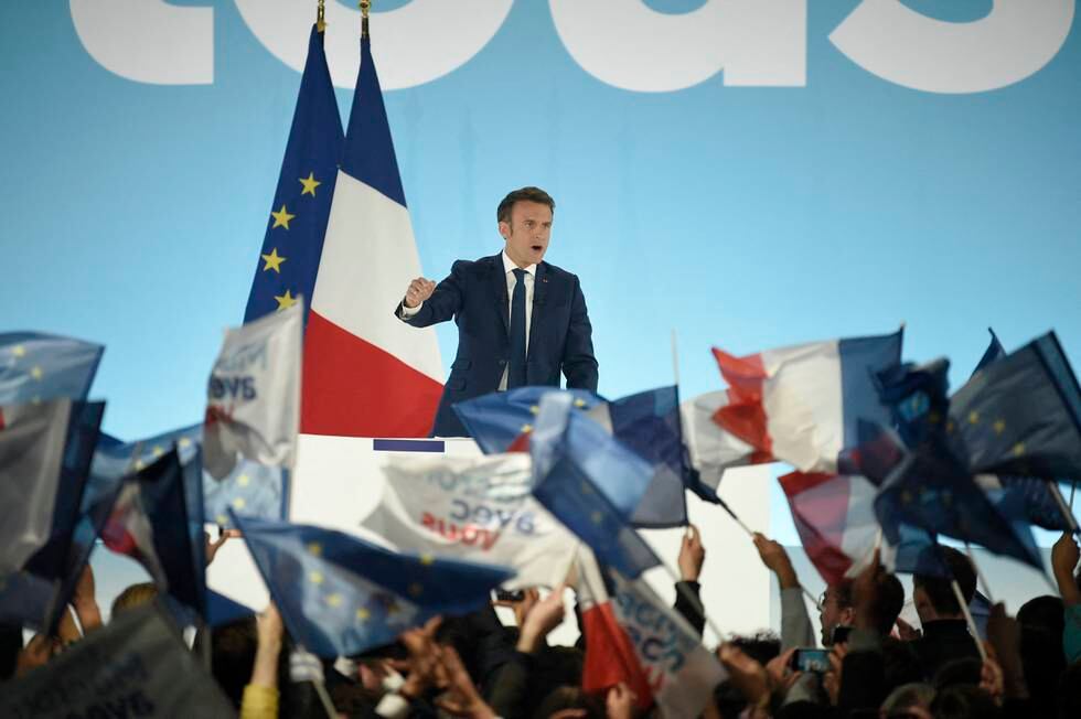 French President and La Republique en Marche (LREM) party candidate for re-election Emmanuel Macron addresses sympathizers after the first results of the first round of France's presidential election at the Paris Expo Porte de Versailles Hall 6 in Paris, on April 10, 2022. French President Emmanuel Macron leads far-right leader Marine Le Pen in the first round of France's elections on April 10, 2022 by a larger than expected margin, with the rivals now set to battle for the presidency in a run-off later this month, projections showed. Photo by Eliot Blondet/ABACAPRESS.COM