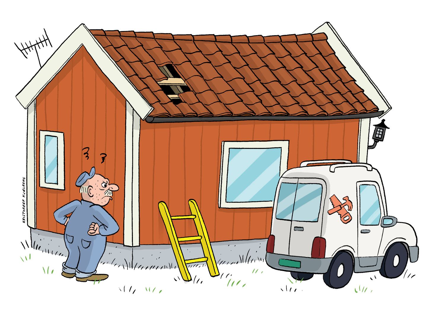 Tegning av en snekker som skal fikse et tak, men stigen er alt for kort.